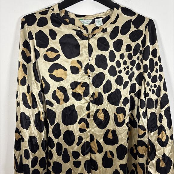 Laura Ashley Plus Size 2X Animal Print Silk Tunic Button Front Beige Blouse - Picture 1 of 7